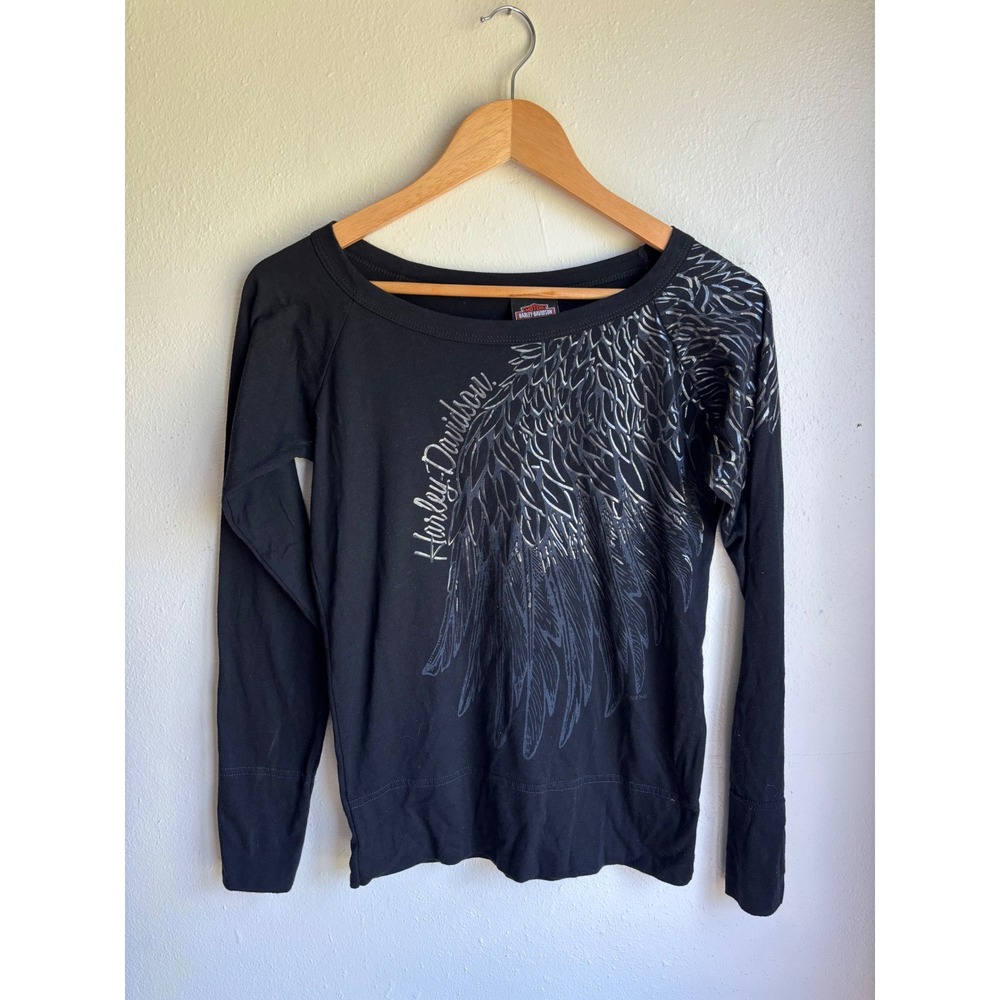 Harley-Davidson Womens Black Silver Wing Long Sleeve Scoop Neck Top Bravado WI
